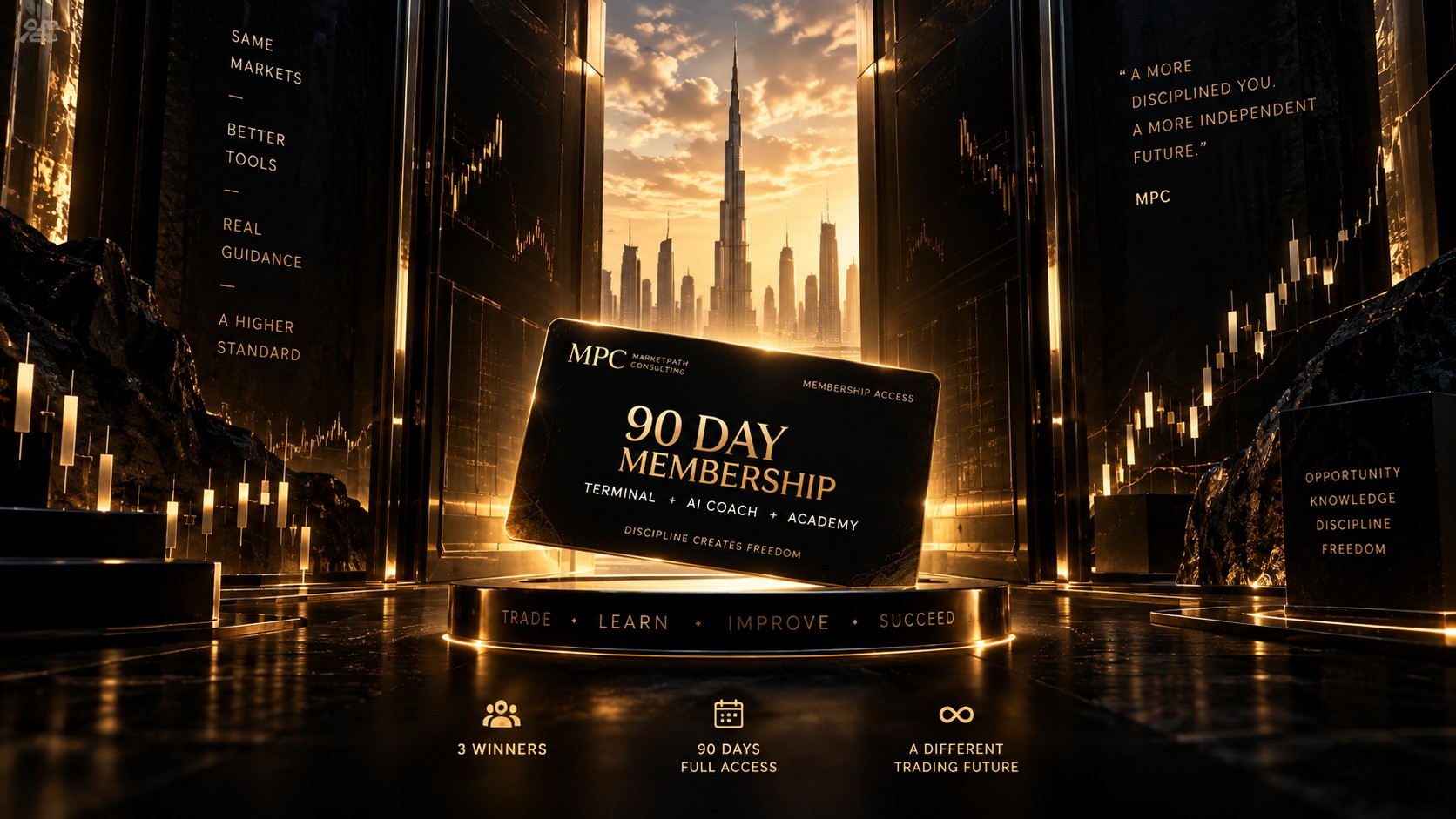 MPC 90-Day Membership card on a marble podium overlooking the Dubai skyline — 3 winners, 90 days full access, a different trading future