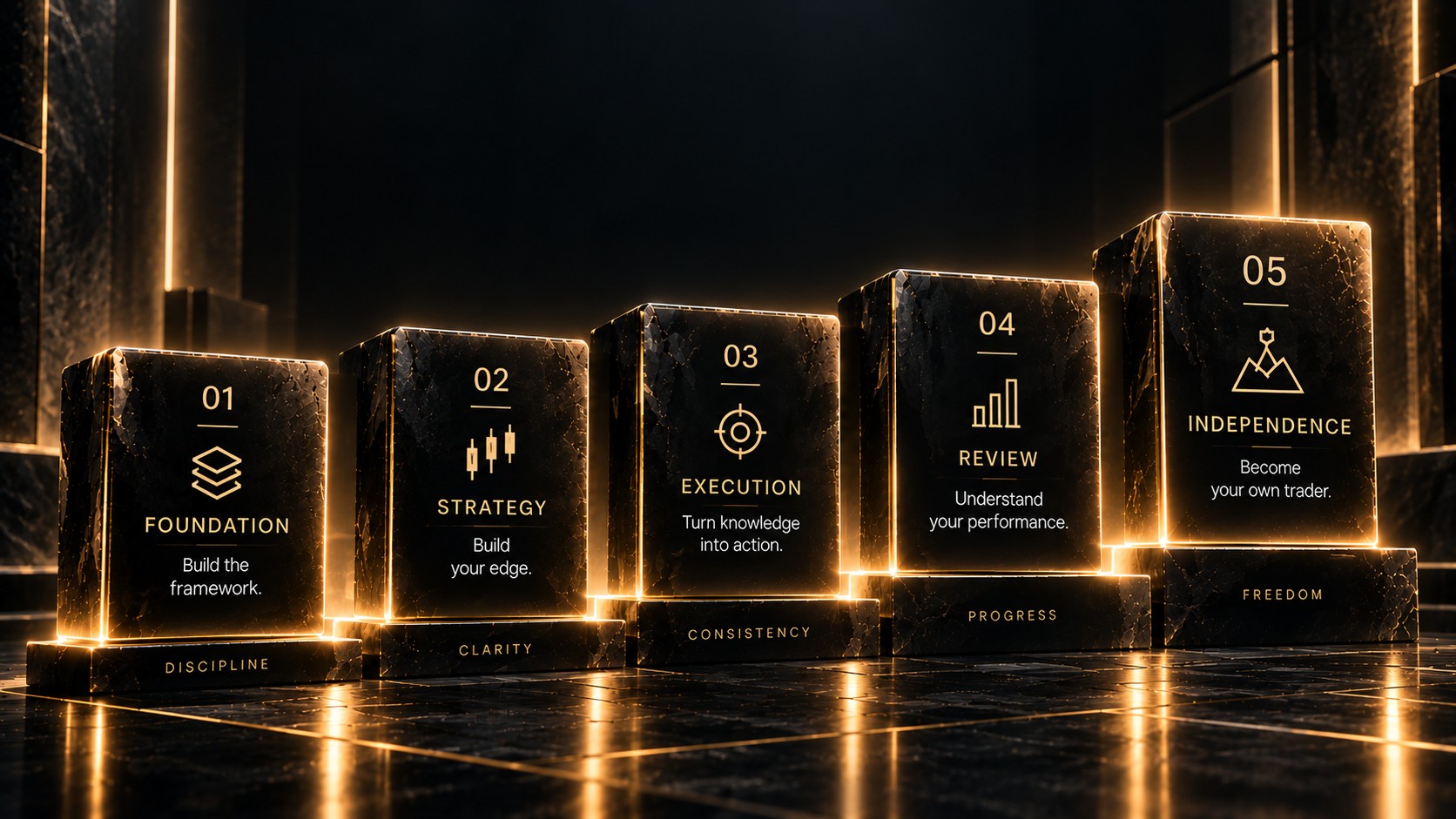 Five illuminated pillars — Foundation, Strategy, Execution, Review, Independence — the structure behind the MPC 1-on-1 Program