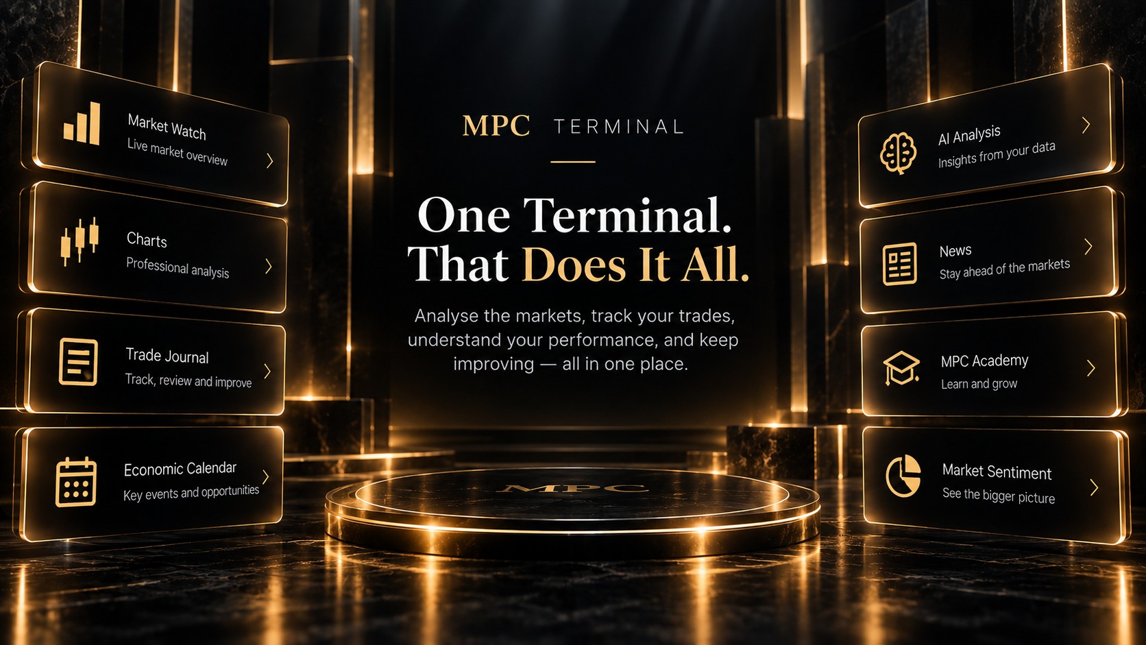 MPC Terminal — Market Watch, Charts, Trade Journal, Economic Calendar, AI Analysis, News, MPC Academy, Market Sentiment — one terminal that does it all