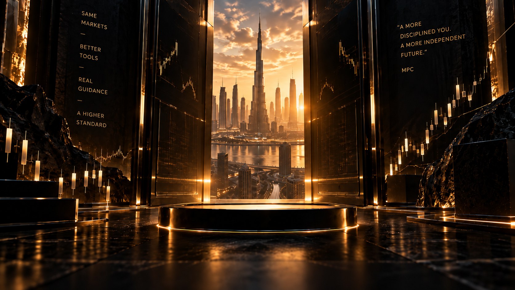 Gold doors opening onto the Dubai skyline at sunset, representing MarketPath Consulting's trading terminal and coaching
