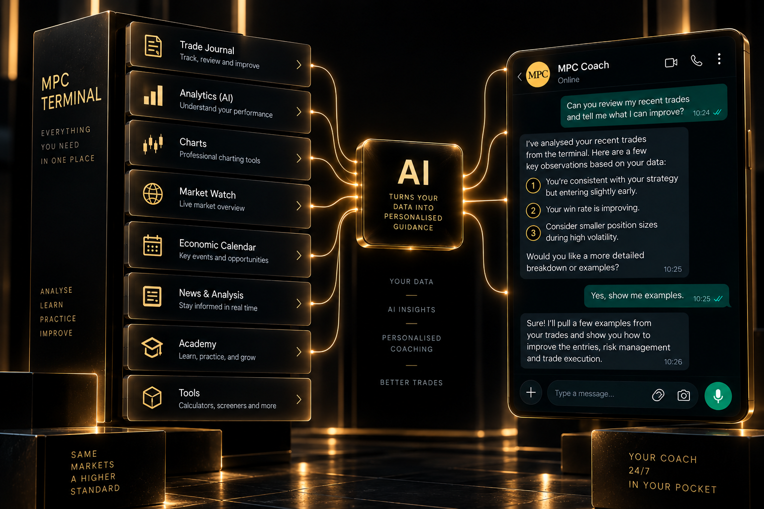 MPC Terminal features — Trade Journal, AI Analytics, Charts, MarketWatch, Economic Calendar, News, Academy, Tools — feeding an AI that powers the MPC Coach on WhatsApp